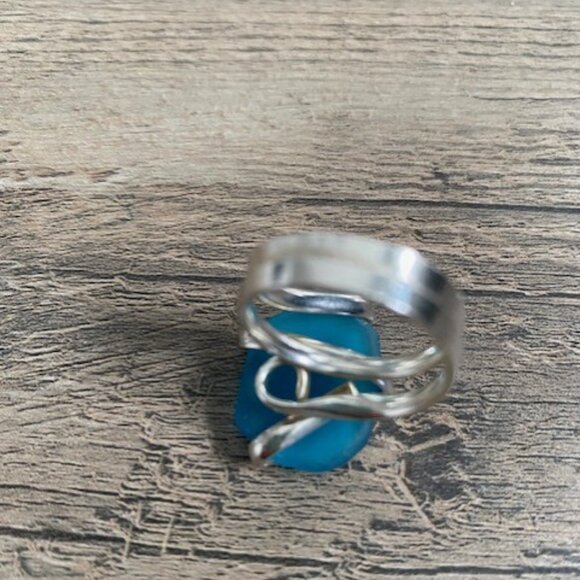 Azure Blue Beach Sea Glass Adjustable Silver RIng Sz 7 - Picture 9 of 10